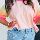 Pink Color Block Half Sleeve O Neck Plus Size T Shirt