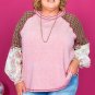 Pink Checkered Paisley Patchwork Raglan Sleeve Seamed Plus Size Top