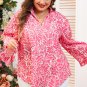 Pink Plus Size Floral Print Frilled Neck Puff Sleeve Top