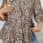 Khaki Leopard Print Lace Up Ruffled 3/4 Sleeve Plus Size Blouse