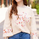 Beige Plus Size Flower Patched Side Slits Crewneck Top