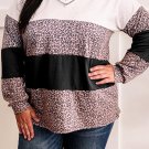 Black Leopard Print Colorblock V Neck Long Sleeve Plus Size Top