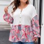 Apricot Plus Size Printed Patchwork Textured Buttoned Blouse