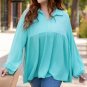Turquoise Cordrd Balloon Sleeve Collar Plus Babydoll Top