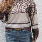 Coffee Plus Size Leopard Striped Long Sleeve Crew Neck Top