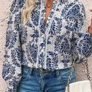Sky Blue Tribal Pattern Print Notch Neck Buttoned Plus Size Shirt