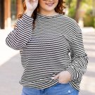Black Stripe Drop Shoulder Puff Long Sleeve O Neck Plus Size T Shirt