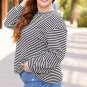 Black Stripe Drop Shoulder Puff Long Sleeve O Neck Plus Size T Shirt