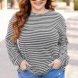 Black Stripe Drop Shoulder Puff Long Sleeve O Neck Plus Size T Shirt