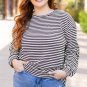 Black Stripe Drop Shoulder Puff Long Sleeve O Neck Plus Size T Shirt