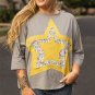 Medium Grey Floral Star Patched Pattern 3/4 Sleeve Plus Size Top