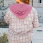 Bonbon Plaid Print Drawstring Hooded Button-up Plus Size Shirt