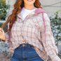 Bonbon Plaid Print Drawstring Hooded Button-up Plus Size Shirt