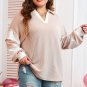 Parchment Corded Colorblock Long Sleeve Slit V Neck Plus Top