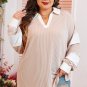 Parchment Corded Colorblock Long Sleeve Slit V Neck Plus Top