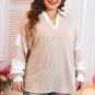 Parchment Corded Colorblock Long Sleeve Slit V Neck Plus Top