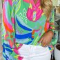 Green Abstract Printed Flounce Sleeve V Neck Buttoned Plus Size Blouse