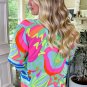 Green Abstract Printed Flounce Sleeve V Neck Buttoned Plus Size Blouse