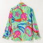 Green Abstract Printed Flounce Sleeve V Neck Buttoned Plus Size Blouse