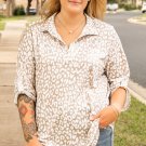 Apricot Leopard Tab Sleeve V Neck Plus Size Top
