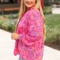 Purple Plus Size Floral Print Puff Sleeve V Neck Blouse