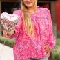 Purple Plus Size Floral Print Puff Sleeve V Neck Blouse