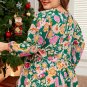 Green Floral Tied V Neck Long Sleeve Plus Size Babydoll Top