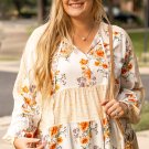 White Plus Size Floral Print V Neck Puff Sleeve Blouse