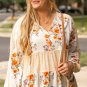 White Plus Size Floral Print V Neck Puff Sleeve Blouse