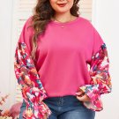 Bright Pink Floral Patchwork Flounce Sleeve Rib Knit Plus Top
