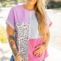 Rose Red Leopard Colorblock Patchwork Corded Knit Plus Size T Shirt
