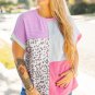 Rose Red Leopard Colorblock Patchwork Corded Knit Plus Size T Shirt