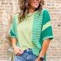 Green Stripe Patchwork Colorblock Plus Size T Shirt