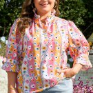 Pink Floral Ruffled Collar Bracelet Sleeve Plus Size Blouse Top