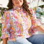 Pink Floral Ruffled Collar Bracelet Sleeve Plus Size Blouse Top
