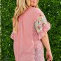 Pink Plus Size Floral Patchwork Ruffled Short Sleeve Blouse