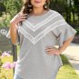 Light Grey Lace Insert Waffle Ruffle Short Sleeve Plus Size Top