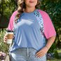 Sky Blue Leopard Print Patch Colorblock Plus Size T Shirt
