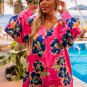 Rose Floral Pattern V Neck Balloon Sleeve Plus Size Blouse