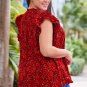 Fiery Red Rose Floral Print Ruffle Sleeve Plus Size Shift Top