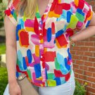 Colorful Brush Stroke Printed Plus Size Button Split Neck Blouse