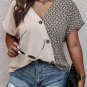 Oatmeal Contrast Geometric Print Patchwork Short Sleeve Plus Size Top