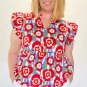 Red Plus Size Floral Print Ruffle Trim Split Neck Peplum Top