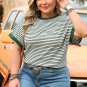 Green Stripe Trimmed Round Neck Plus Size Boxy Fit T Shirt