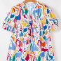 White Abstract Print Shirred Cuff Puff Sleeve Plus Size Blouse