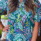Green Abstract Print Knotted Short Sleeve Plus Size Blouse