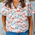 White Horse Galloping Allover Print Split Neck Plus Size Blouse