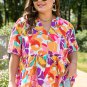 Pink Plus Size Floral Print V Neck Fit and Flare Blouse