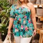 Green Plus Size Smocked Bodice Single Puff Short Sleeve Babydoll Blouse