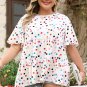 Beige Polka Dot Print Short Sleeve Ruffled Plus Size Babydoll Blouse